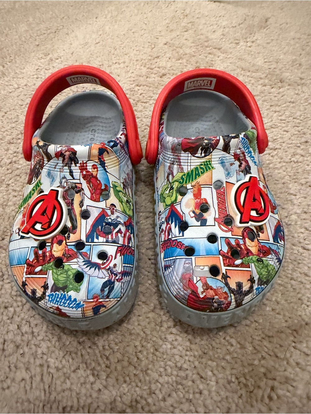 Marvel Kids Avengers Clog Sandals in White and Red with Comic Print